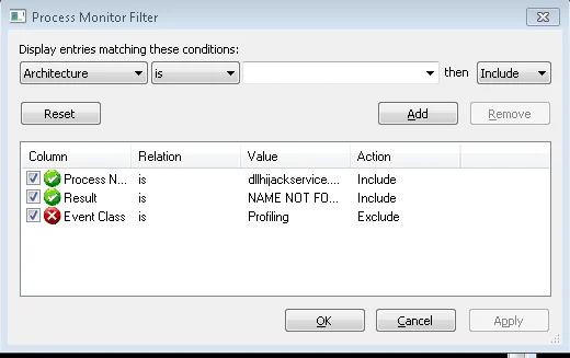 Process Monitor filters for DLL Hijacking analysis