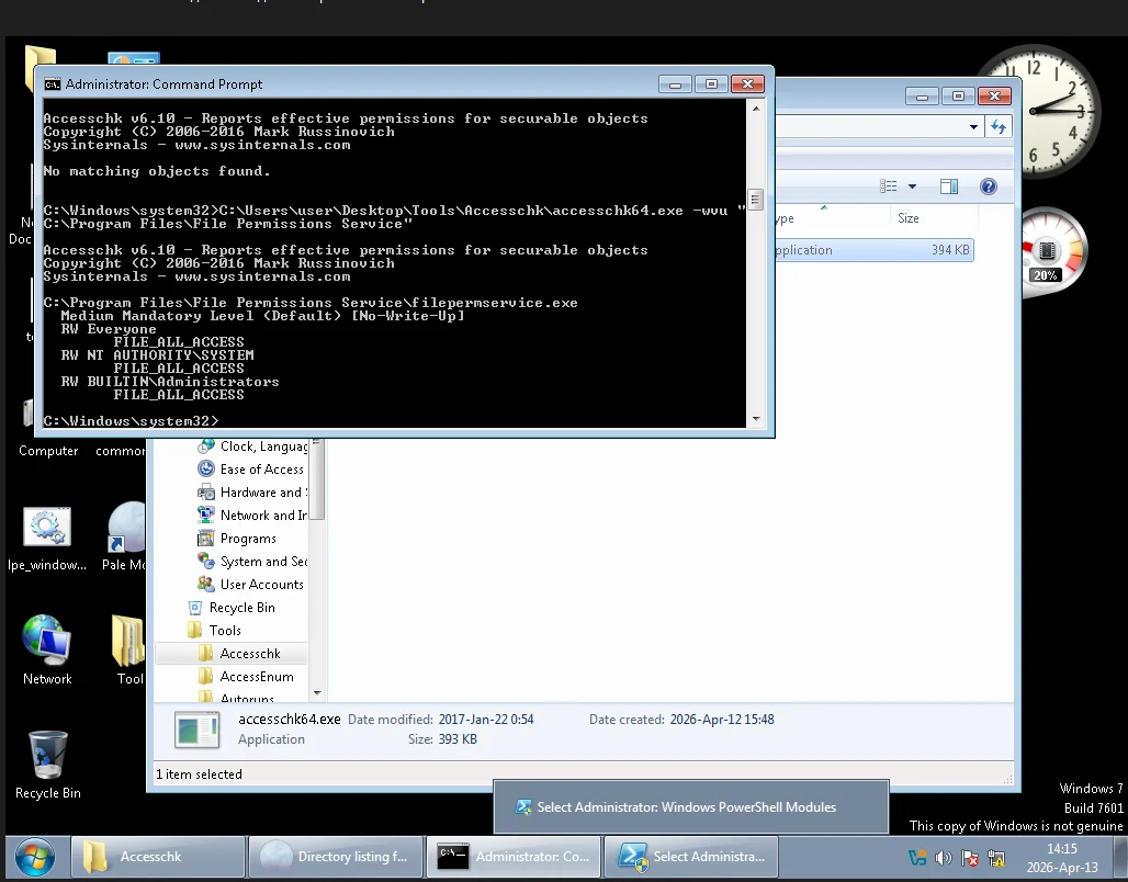 Writable service executable evidence